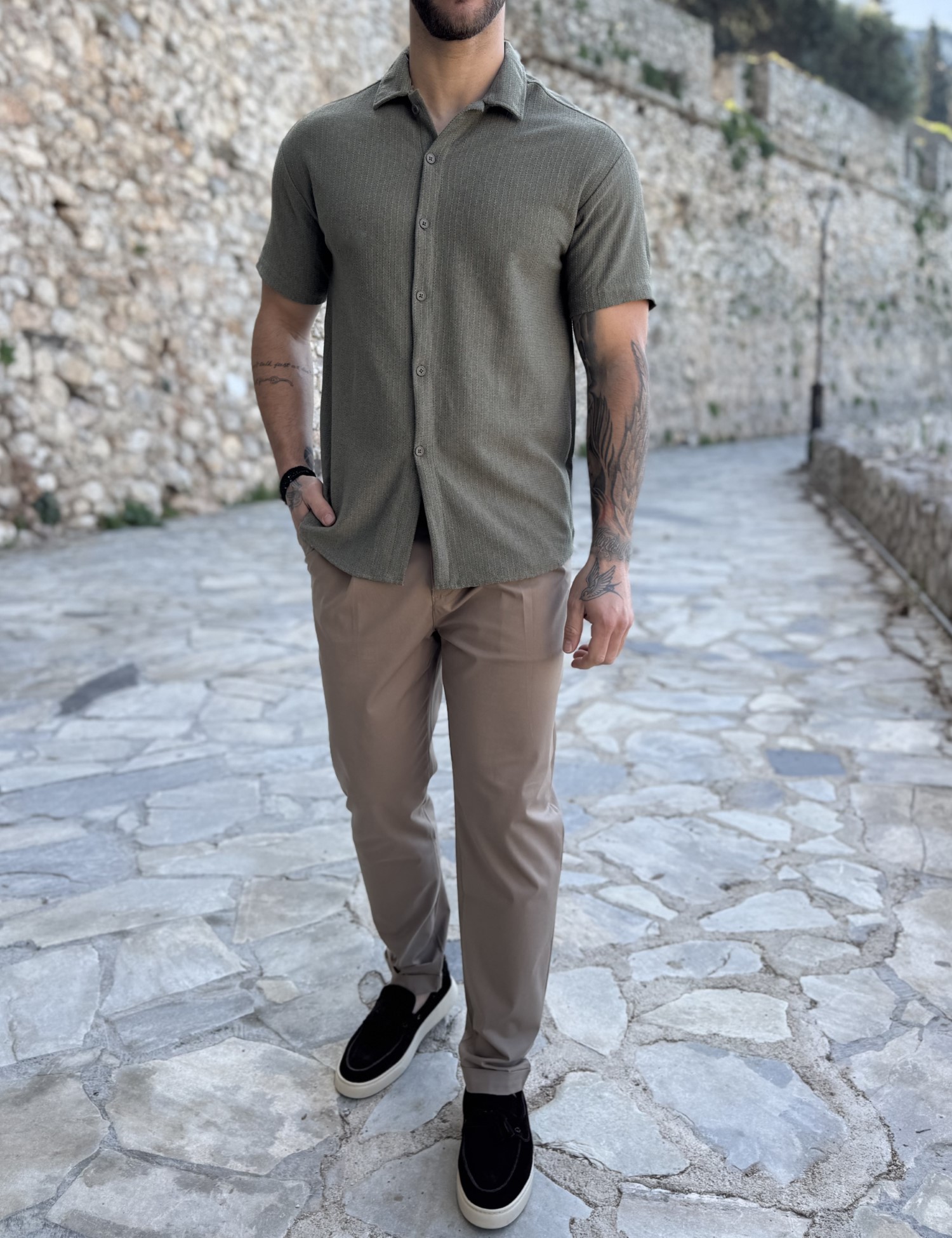 Ανδρικό λαδί πλεκτό κοντομάνικο πουκάμισο RMZ19132L φωτογραφία